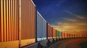 wagon of freight train with containers on the sky background