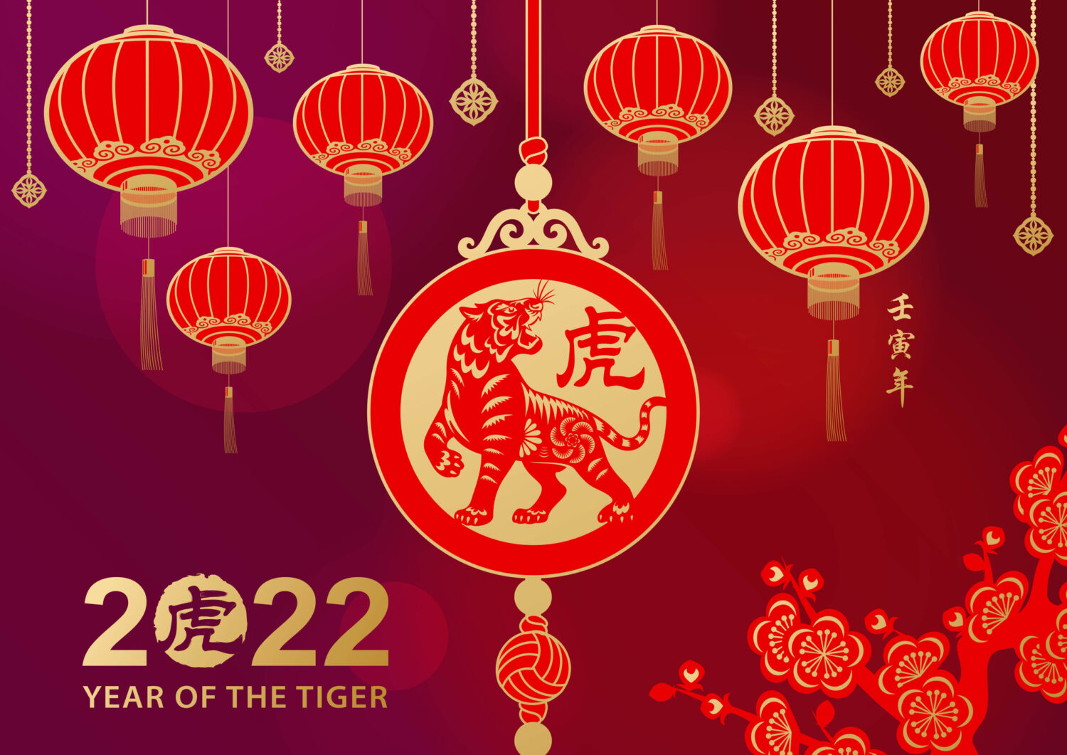 Celebrate the Chinese New Year in the year of the Tiger 2022 with decoration of lanterns, lucky pendant and peach blossom on the red background,  the vertical Chinese phrase means Year of the tiger according to lunar calendar and the Chinese stamp means tiger