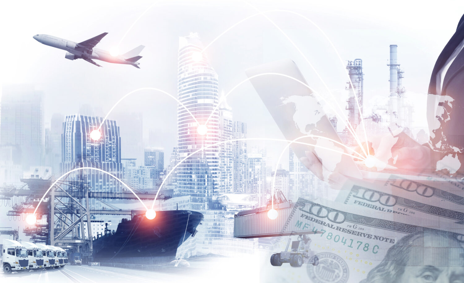Multiple exposure of logistics, import & export business money (US Dollar) background business growth increasing.