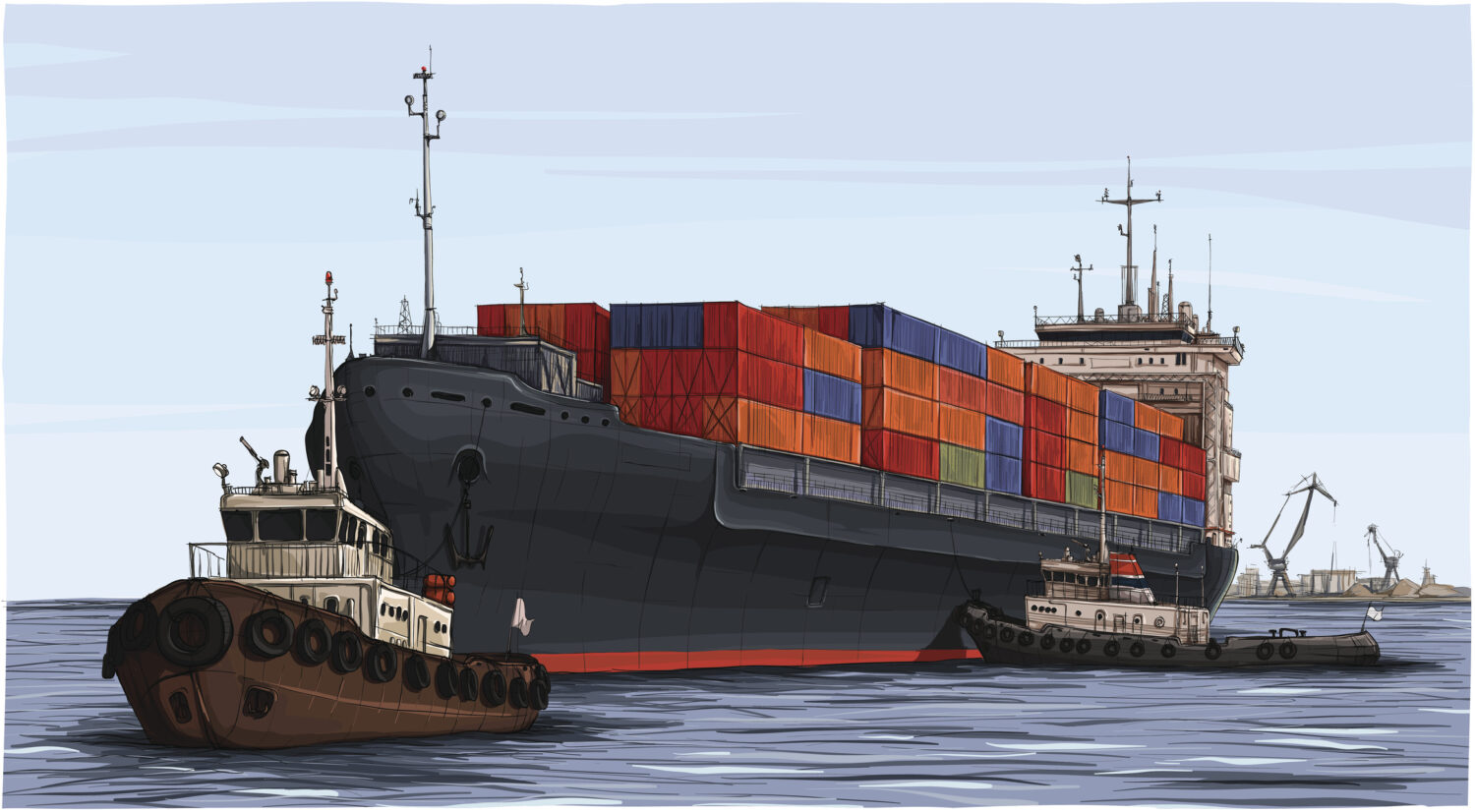 Vector Illustration of cargo ship. In the style of drawing.